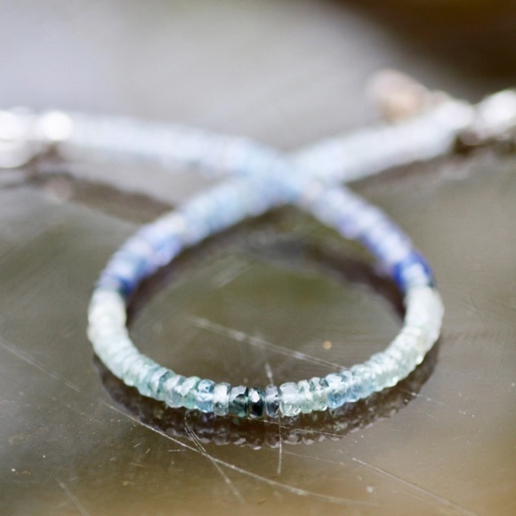 Natural Teal Ombre Sapphire Bracelet Solid 14k White Gold 585 , 7.2" - 7 .65" - Picture 4 of 7